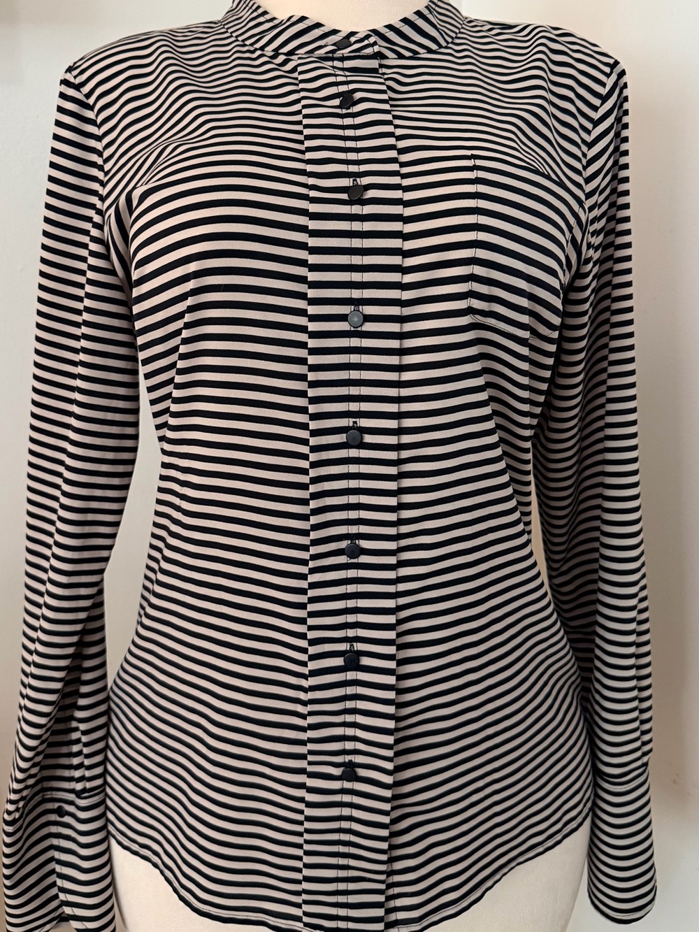 Calvin Klein Black Ivory Striped Button Front Blouse Top L FrenchGirl Monochrome